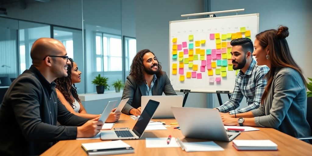 Group of entrepreneurs collaborating in a modern office setting.