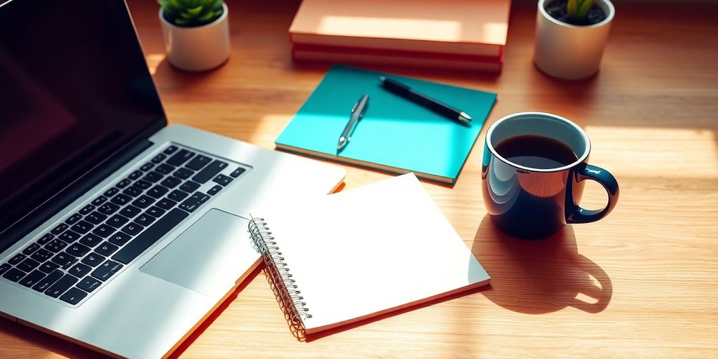 Desk with laptop, notepad, and coffee cup.