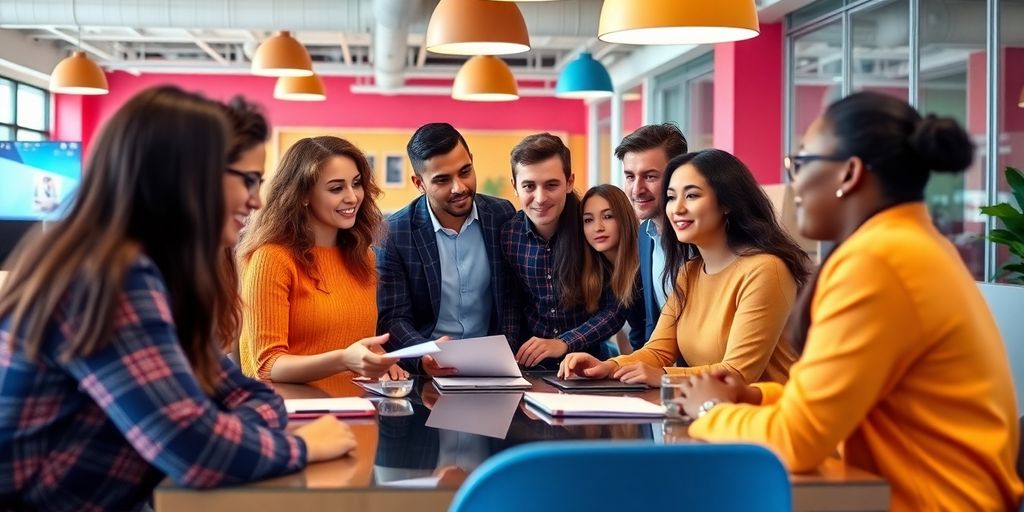 Diverse team brainstorming in a modern office setting.