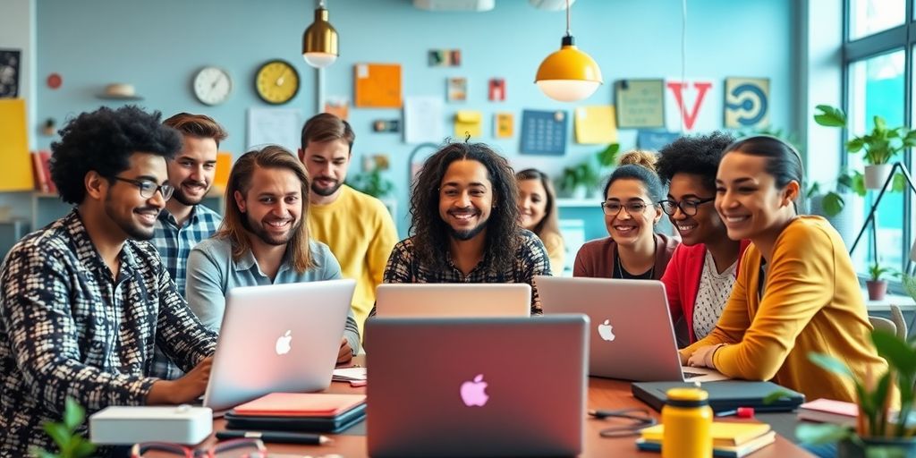 Diverse entrepreneurs collaborating in a vibrant workspace.