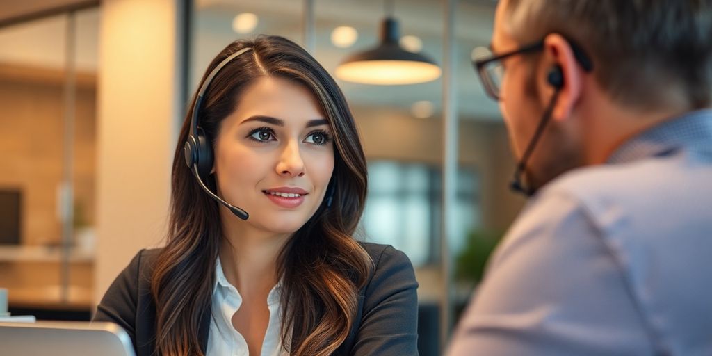 Customer service representative listening to a client attentively.