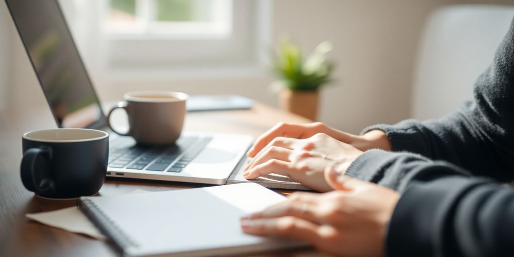 Person typing on a laptop in a cozy workspace.