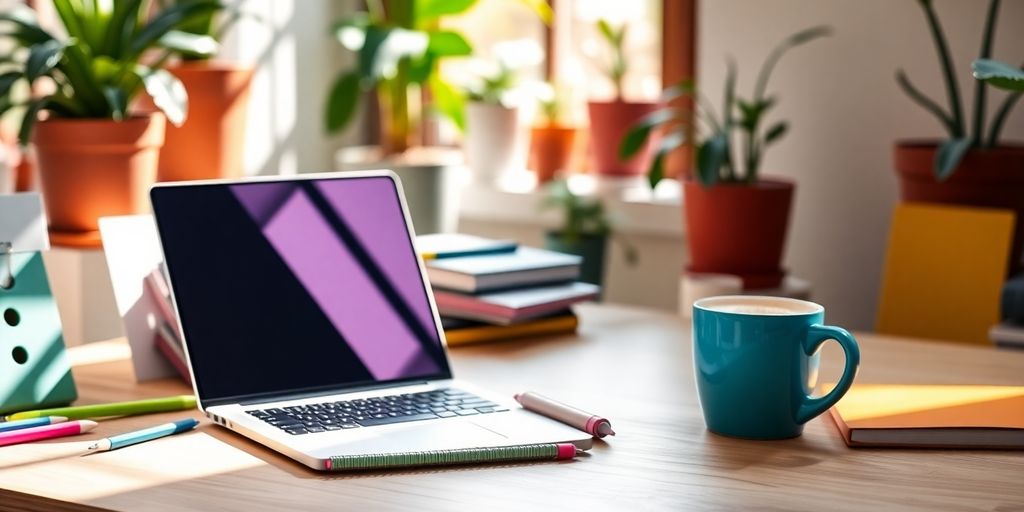 Colorful workspace with laptop and stationery on desk.