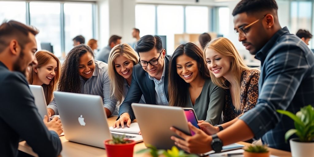 Diverse team collaborating in a vibrant, modern workspace.