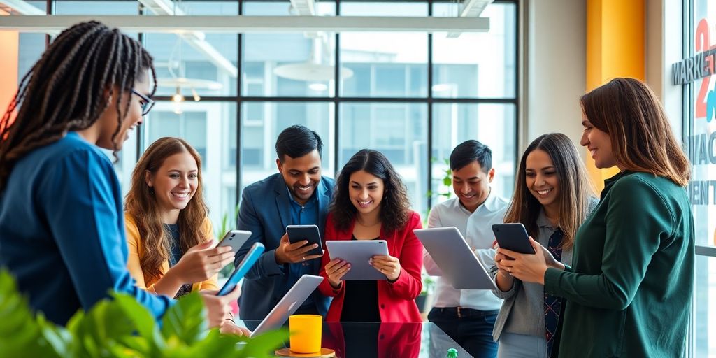 Group of professionals collaborating in a modern workspace.