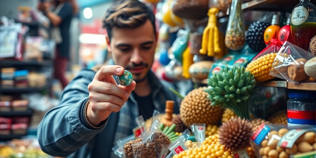 Person exploring colorful products in a dynamic market.