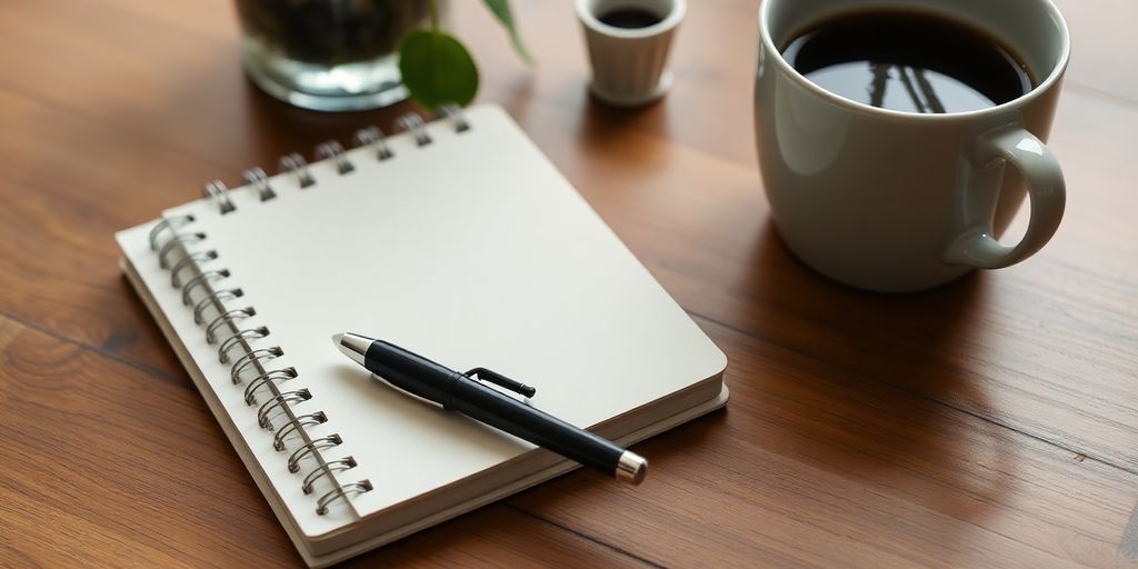 Notebook and pen on a desk with coffee and plant.