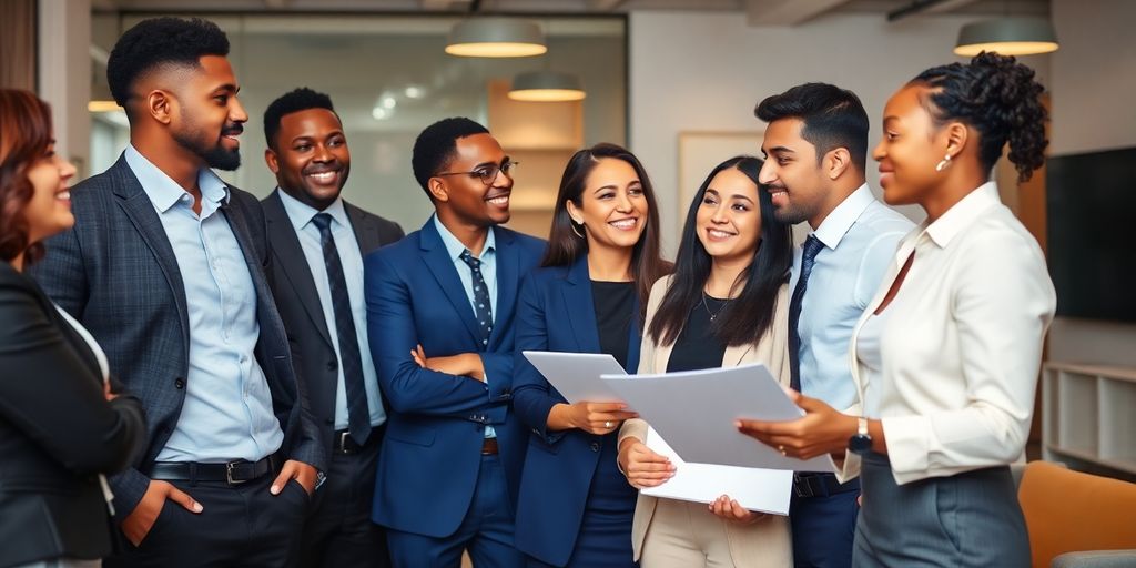 Diverse professionals in a confident discussion in an office.