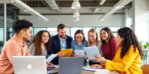 A group of entrepreneurs brainstorming in a bright workspace.