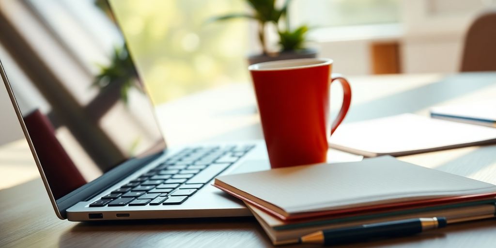 A workspace with a laptop, notepad, and coffee cup.