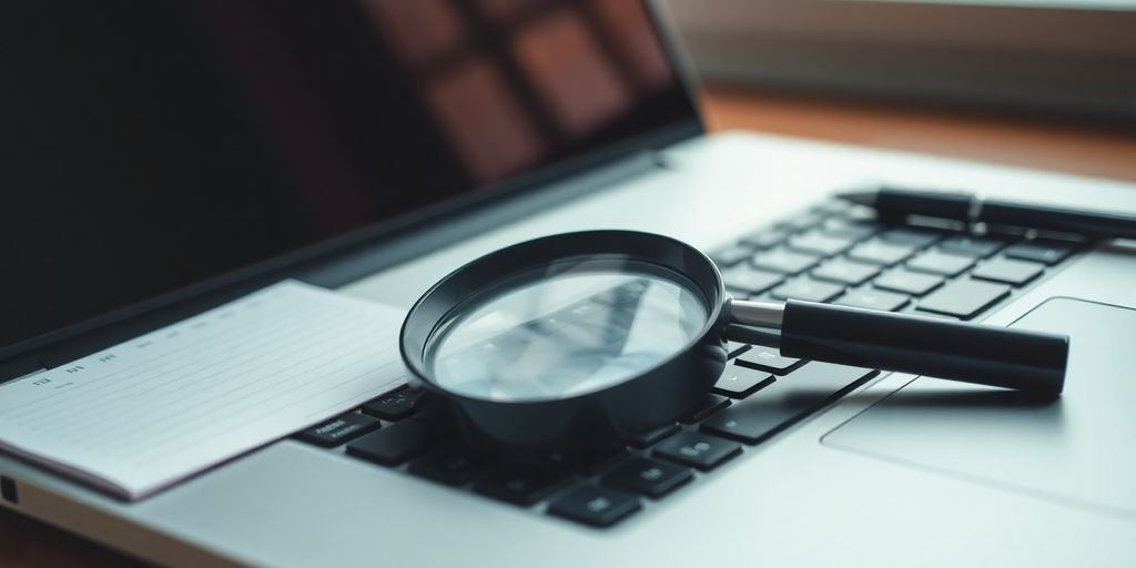 Magnifying glass on laptop with notepad and pen.