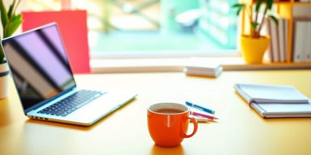 Modern workspace with laptop, coffee, and notepad.