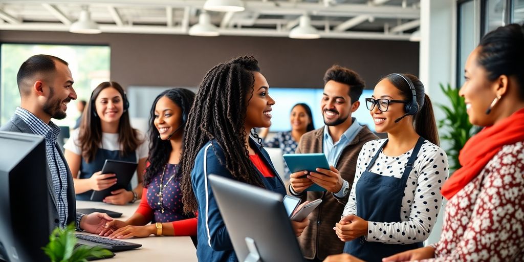 Diverse customer service team engaging with clients in office.