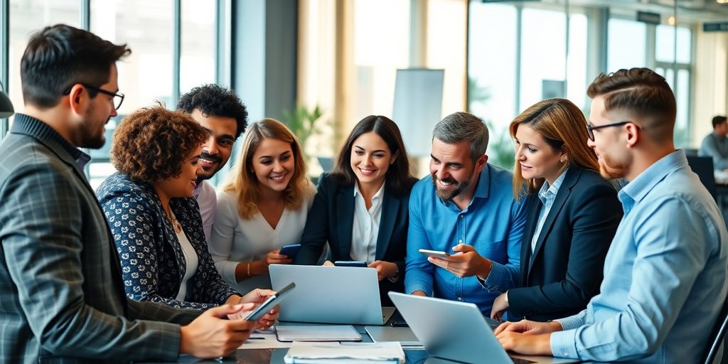 Diverse professionals collaborating in a modern digital environment.